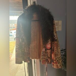 Women's Multicolor Patchwork Jacket with Faux Fur Collar